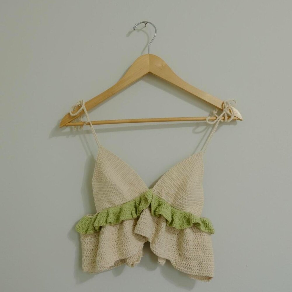 Handmade Crochet babydoll cream green ruffle top size XS